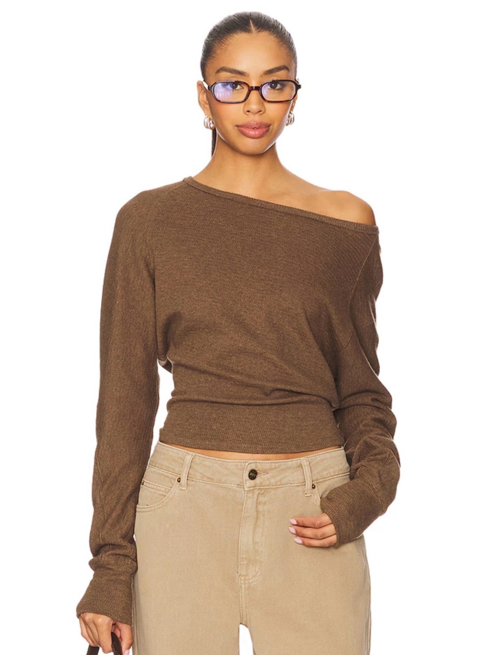 Free People Jess Long Sleeve Off-the-Shoulder Sweater in Coco Brown Heather